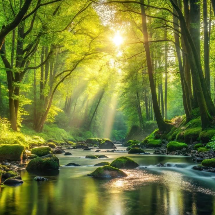 Sunlight filters through the canopy, illuminating the vibrant green ferns that carpet the forest floor near the stream.

