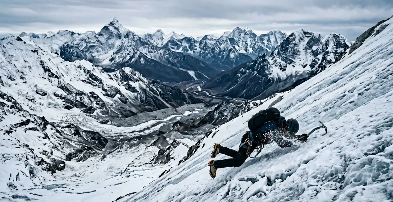 Alpine climber executing ice axe self-arrest technique on steep glaciated slope in dramatic mountain environment