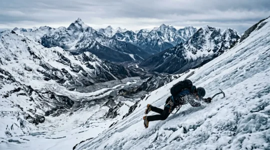 Alpine climber executing ice axe self-arrest technique on steep glaciated slope in dramatic mountain environment