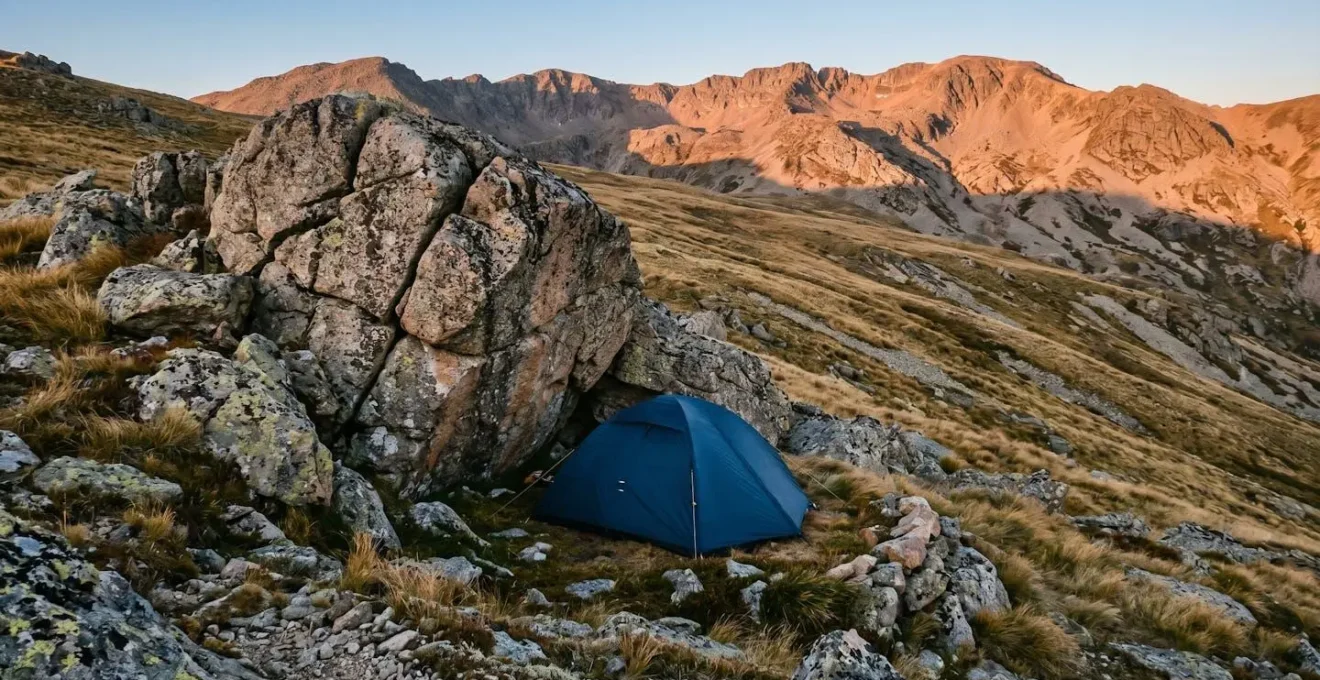 Mountain tent strategically positioned in sheltered rocky alcove with natural wind protection at high altitude
