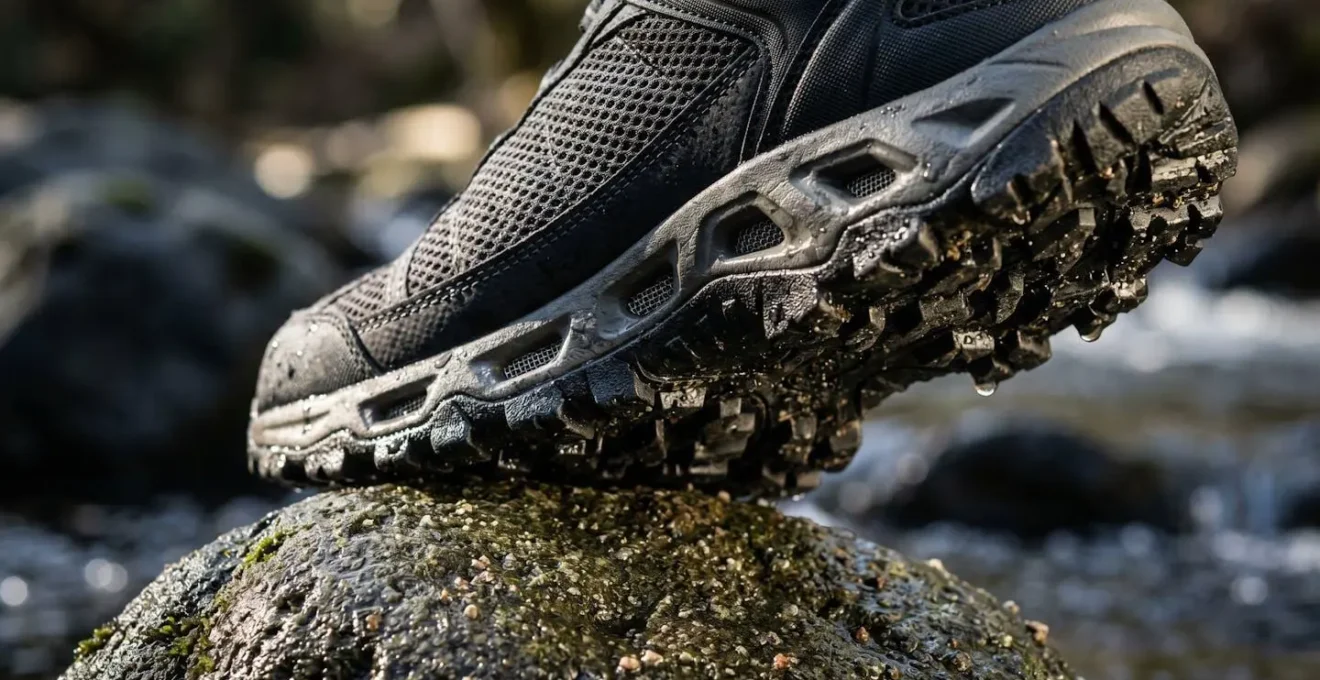 Close-up detail shot of amphibious water shoe showing drainage ports, grip sole, and support structure
