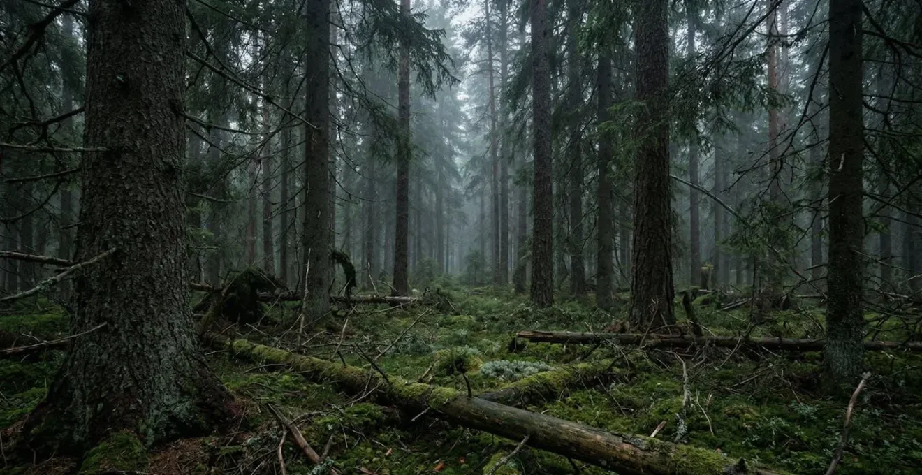Dense boreal forest canopy with ancient trees creating natural navigation challenges in wilderness setting