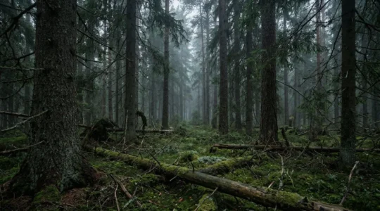 Dense boreal forest canopy with ancient trees creating natural navigation challenges in wilderness setting