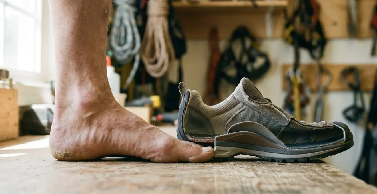 Side profile of climber's foot inside approach shoe showing precise fit with visible heel cup and toe space relationship