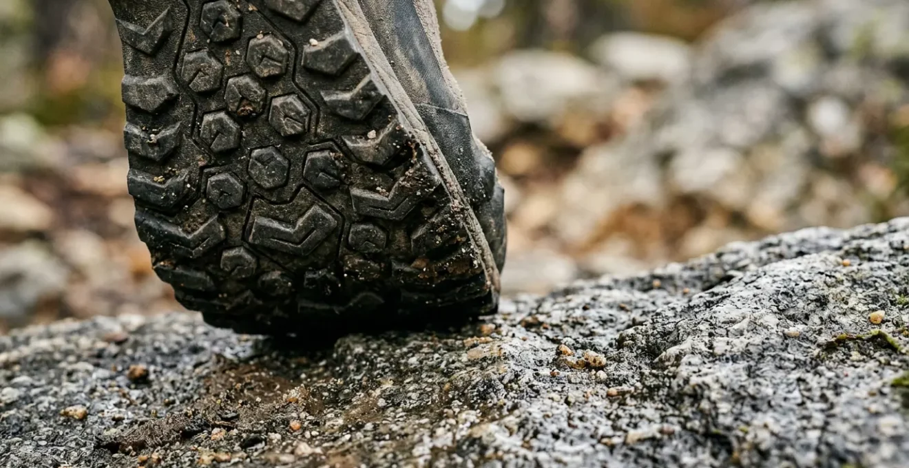 Detailed close-up of technical approach shoe sole on mixed terrain with visible rubber compound texture and lug pattern
