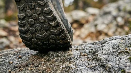 Detailed close-up of technical approach shoe sole on mixed terrain with visible rubber compound texture and lug pattern