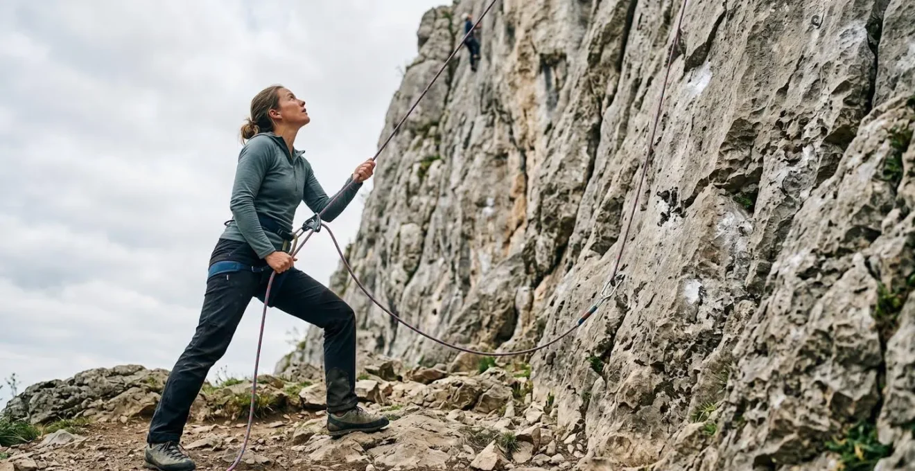 Belayer in braced stance at the base of an outdoor limestone crag demonstrating proper positioning