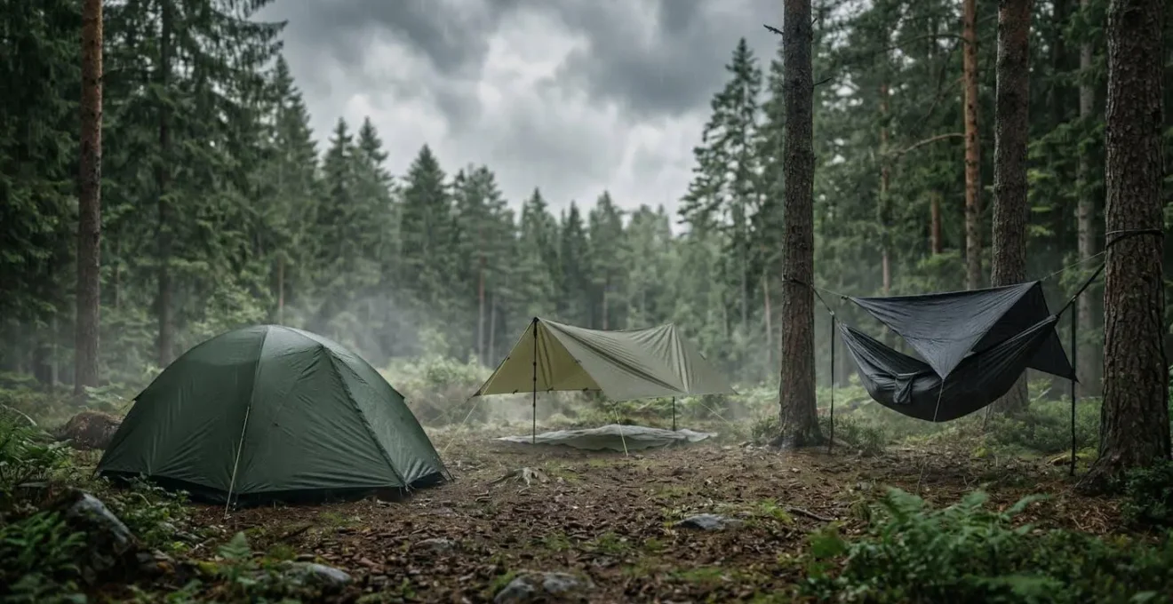 Outdoor camping scene showing different shelter types in misty rainy weather with natural landscape