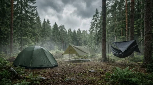 Outdoor camping scene showing different shelter types in misty rainy weather with natural landscape