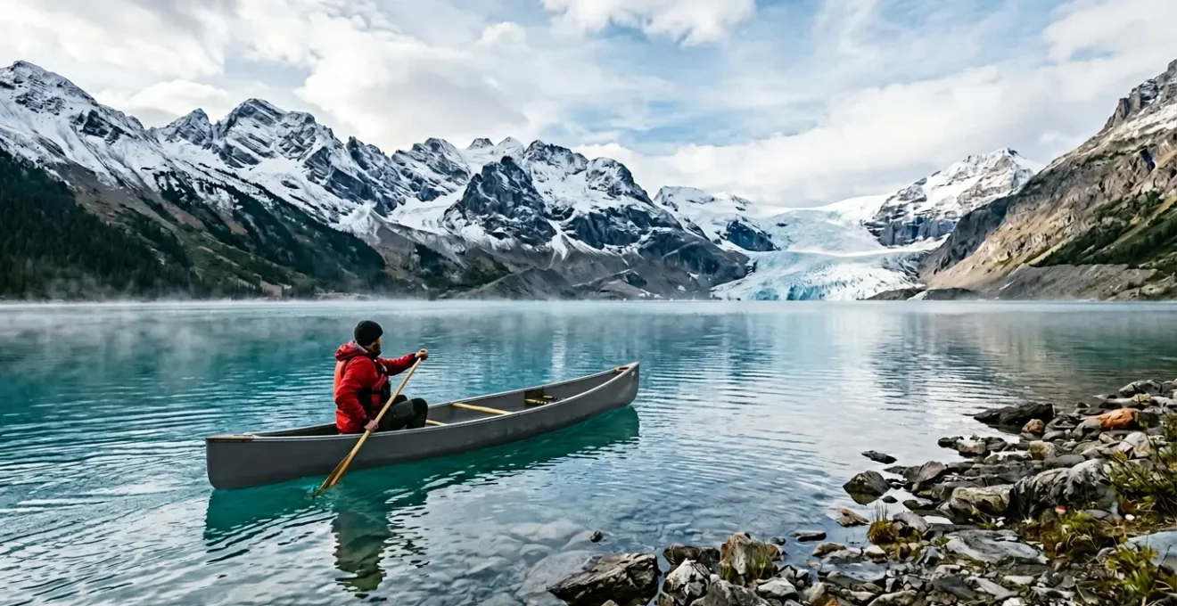 A solo canoeist navigating turquoise glacial lake waters surrounded by snow-capped peaks under dramatic lighting