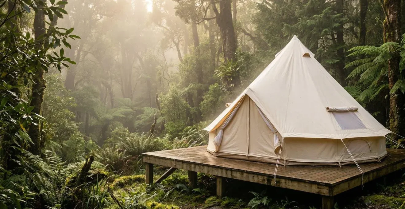 Canvas bell tent pitched in misty forest with ventilation flaps open to prevent humidity buildup