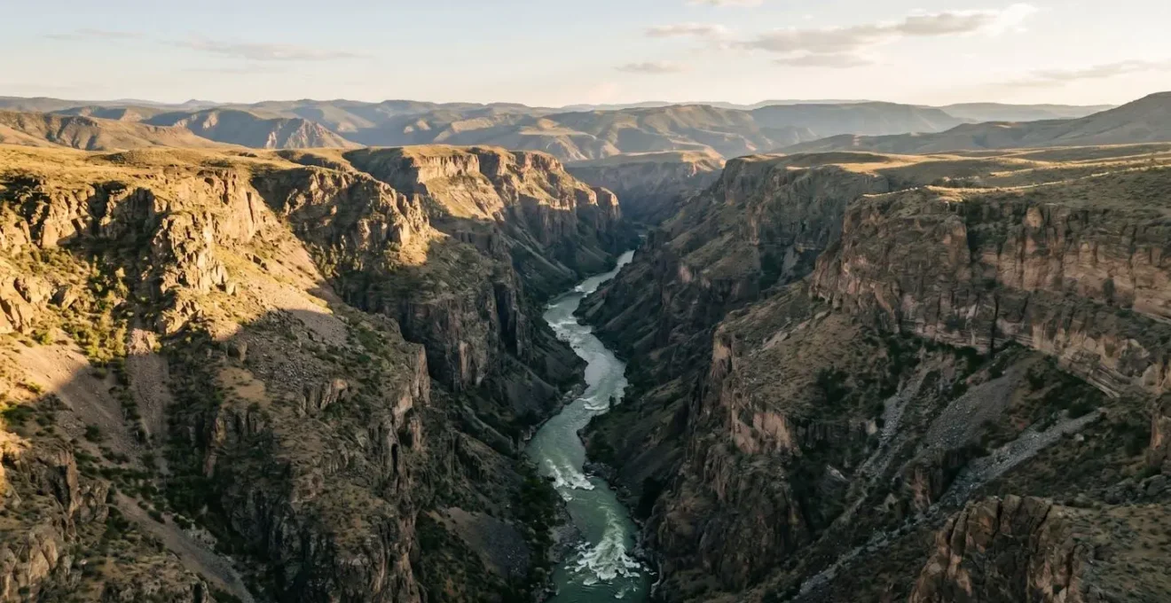 Aerial perspective of deep river canyon showing steep walls and committed whitewater section with no escape routes
