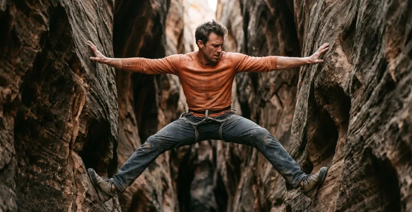 Close-up view of a canyoneer's body position demonstrating the stemming technique with legs and arms pressed against opposing canyon walls