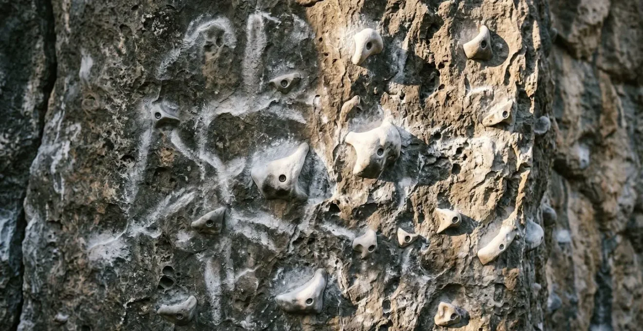 Limestone climbing wall with multiple chalk marks on various holds showing different usage patterns