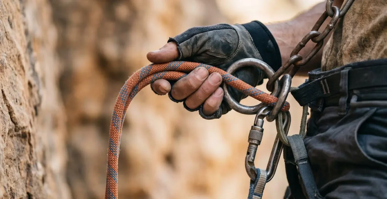 Close-up of climber's hands threading rope through sport climbing anchor chains with backup safety systems visible