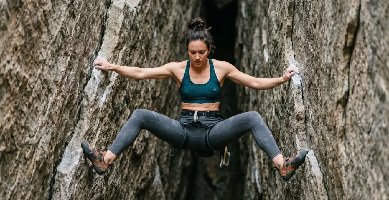 Climber demonstrating stemming technique in rock corner formation with legs pushing outward in opposition