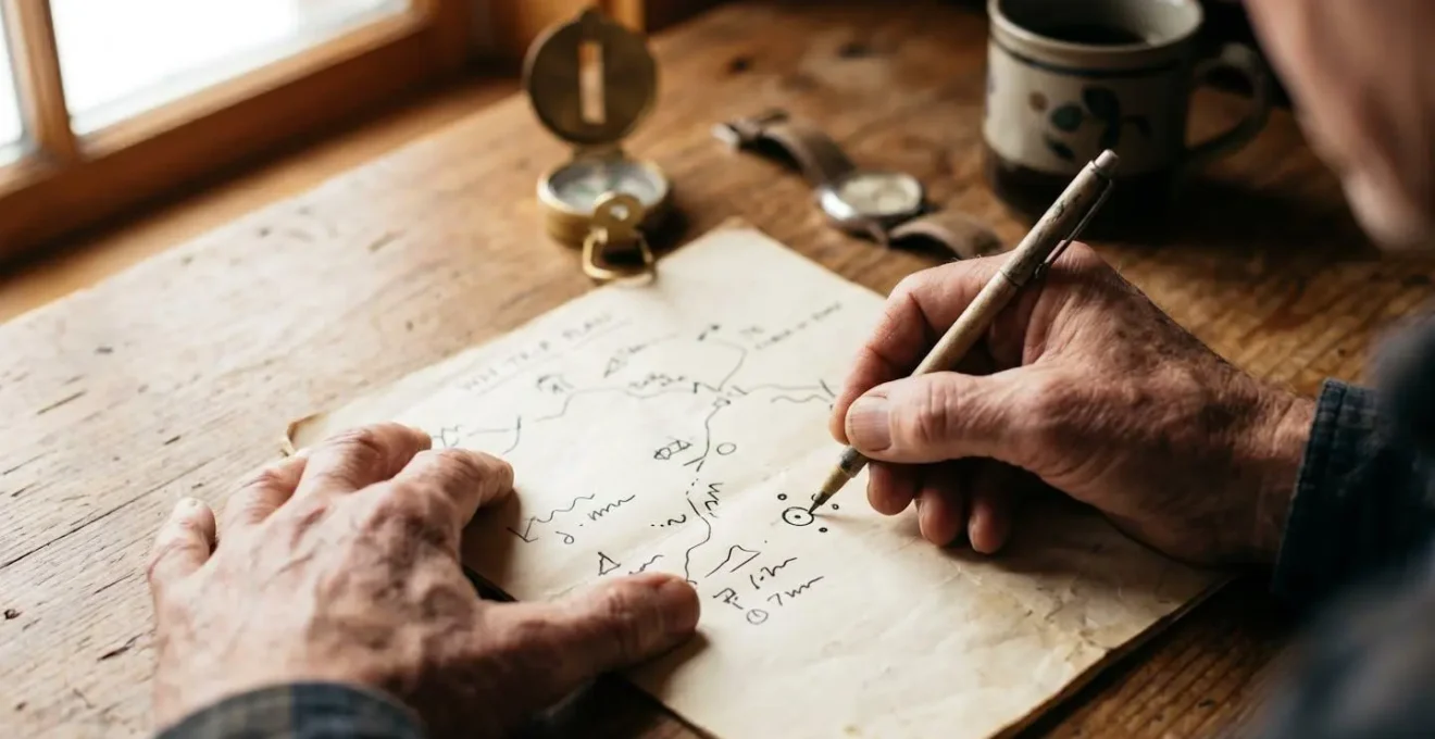 Close-up of hands marking time intervals on a paper wilderness trip plan
