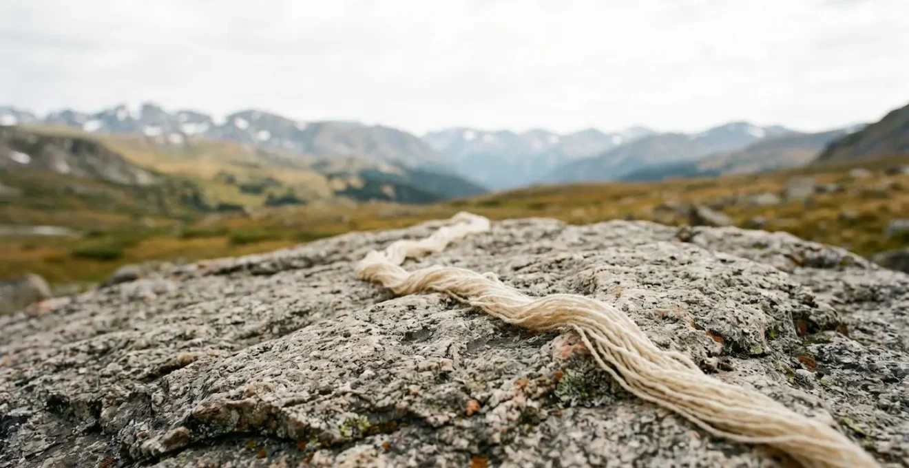 Environmental minimalist composition showing merino wool yarn against natural outdoor backdrop