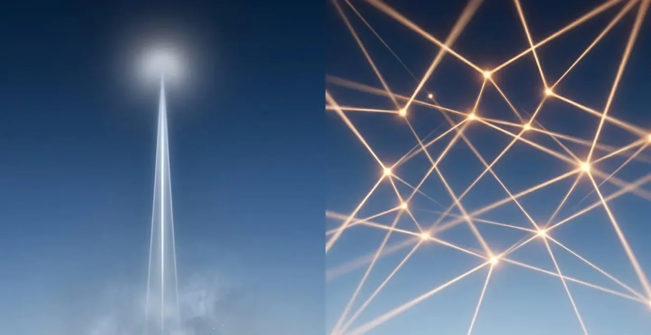 Abstract representation of satellite network communication paths in Earth orbit