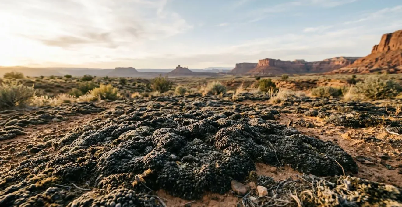 Dark textured biological soil crust formation in desert landscape with visible cyanobacteria patterns