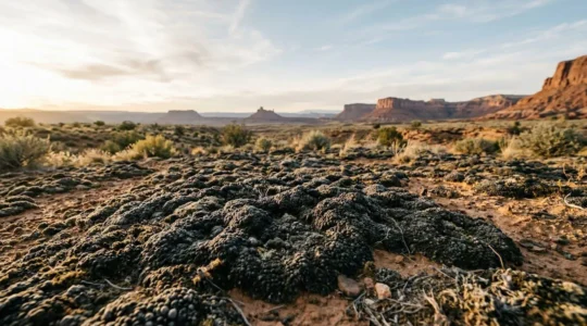 Dark textured biological soil crust formation in desert landscape with visible cyanobacteria patterns