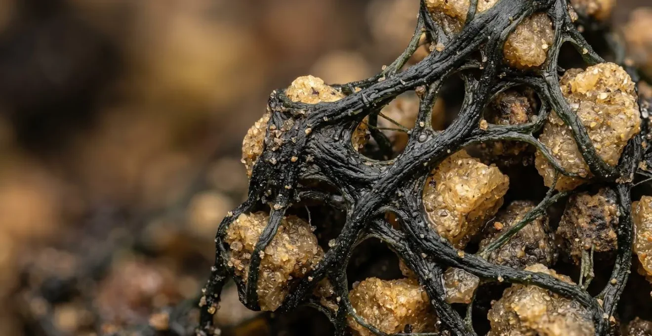 Macro detail of cyanobacteria filaments binding desert soil particles together