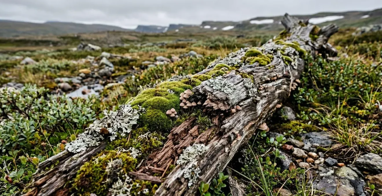Decomposing wood log with moss lichen and fungi showing ecosystem nutrient cycling role