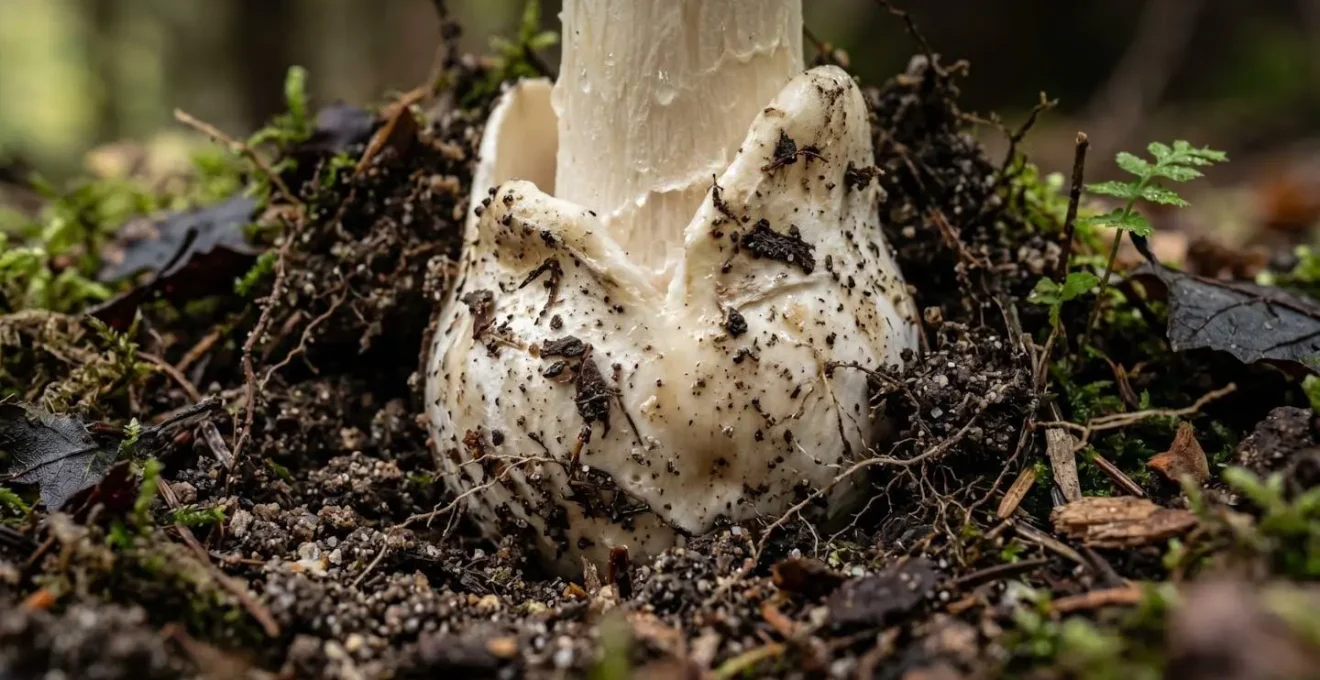 Extreme close-up macro detail of the bulbous base of a pale mushroom, showing the volva structure where it meets the soil.
