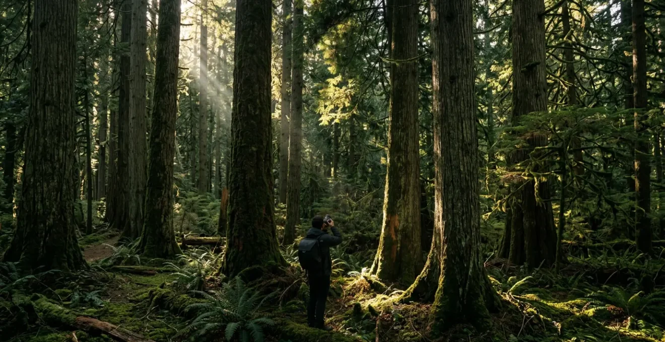 Photographer standing under thick forest canopy with dappled sunlight filtering through leaves creating dramatic light pockets