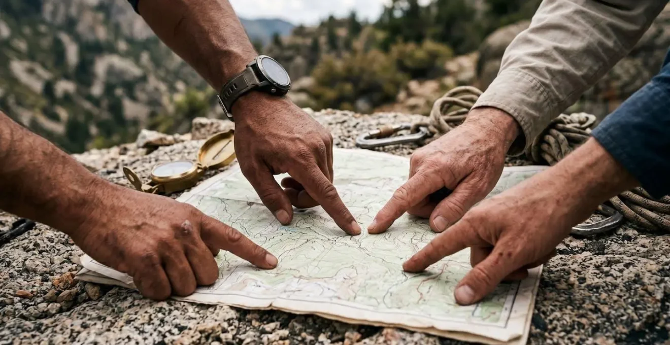 Close-up view of hands coordinating over detailed topographic map with navigation tools in outdoor expedition setting
