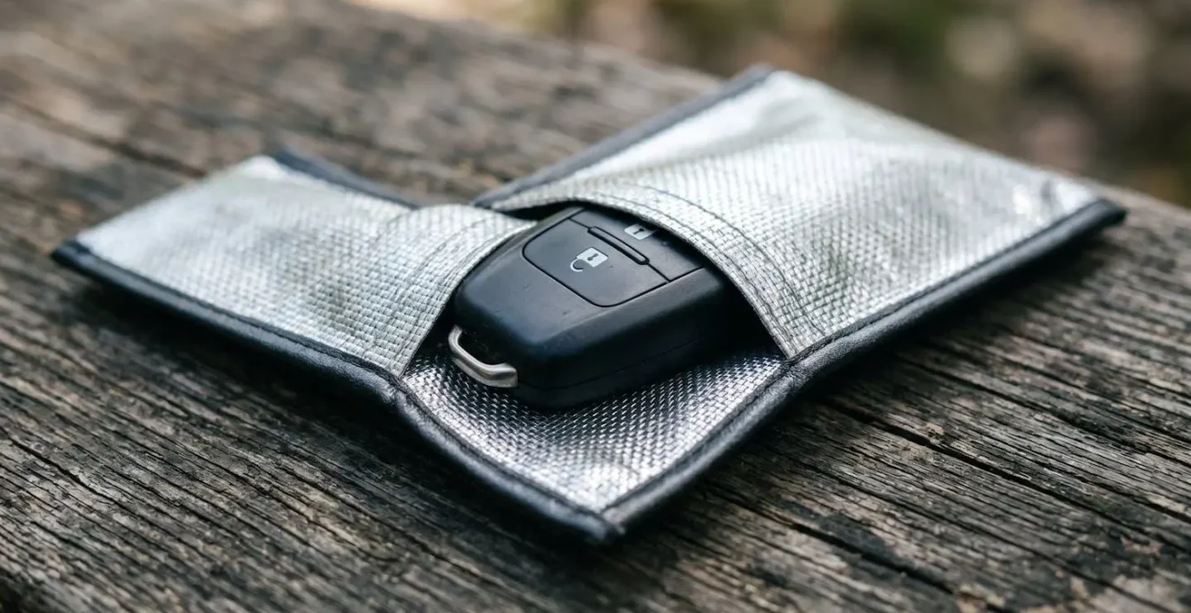Close-up of car key fob inside metallic signal-blocking Faraday pouch on natural outdoor surface