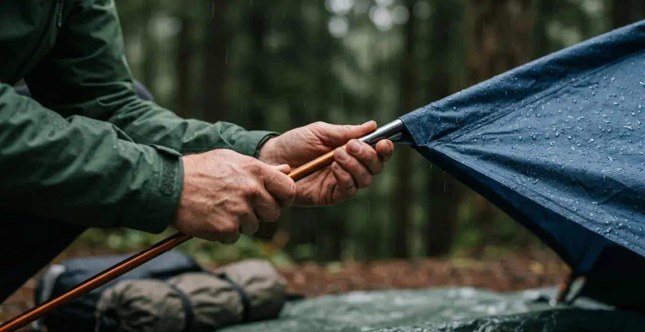 Hands setting up waterproof tent fly-first system during rainfall in a wilderness setting