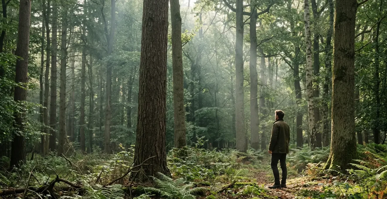 Person peacefully standing among tall forest trees with dappled sunlight filtering through canopy, mindful immersion in nature