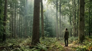 Person peacefully standing among tall forest trees with dappled sunlight filtering through canopy, mindful immersion in nature