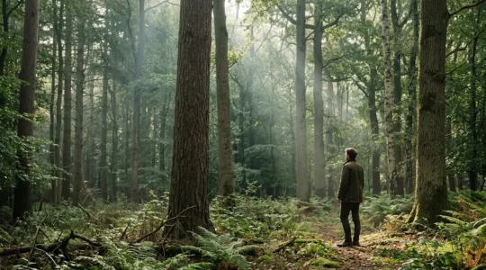 Person peacefully standing among tall forest trees with dappled sunlight filtering through canopy, mindful immersion in nature