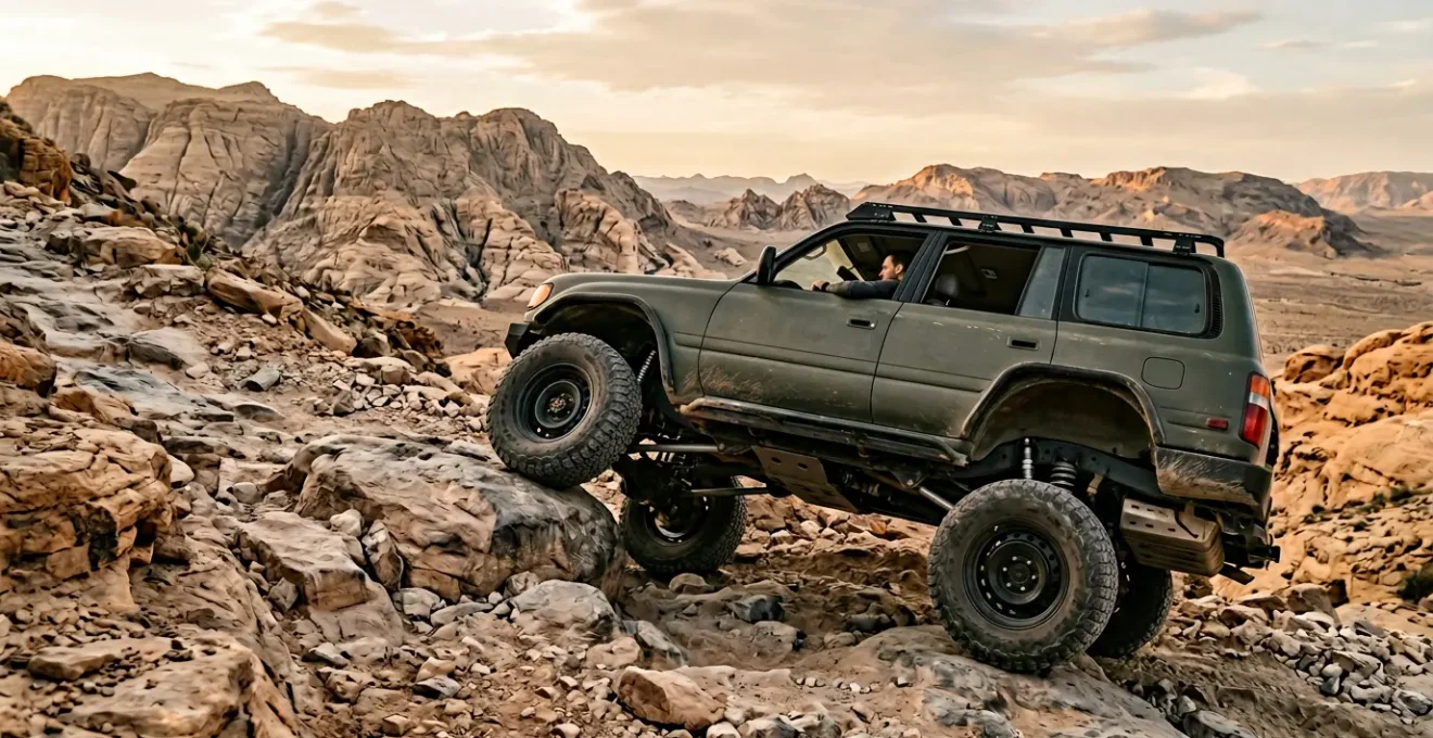 High-clearance 4x4 vehicle navigating steep rocky incline on off-road trail