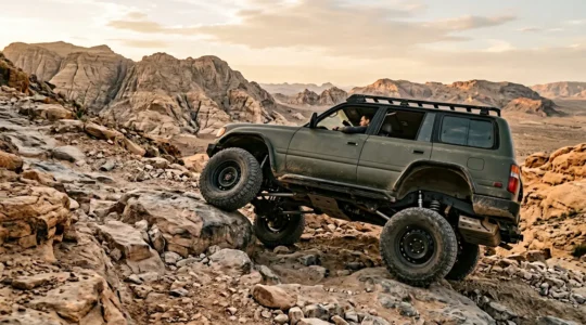 High-clearance 4x4 vehicle navigating steep rocky incline on off-road trail