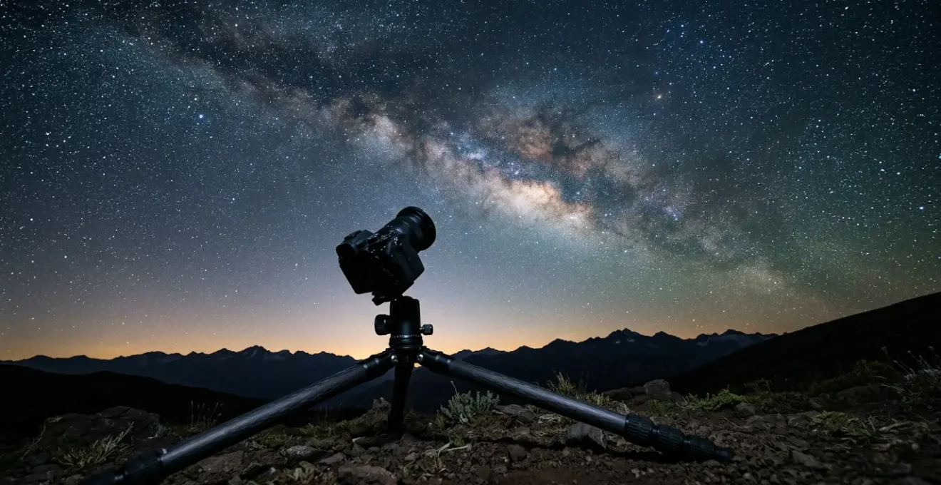 Professional astrophotography setup capturing the Milky Way under pristine dark skies with camera on tripod