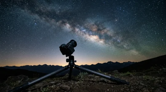 Professional astrophotography setup capturing the Milky Way under pristine dark skies with camera on tripod