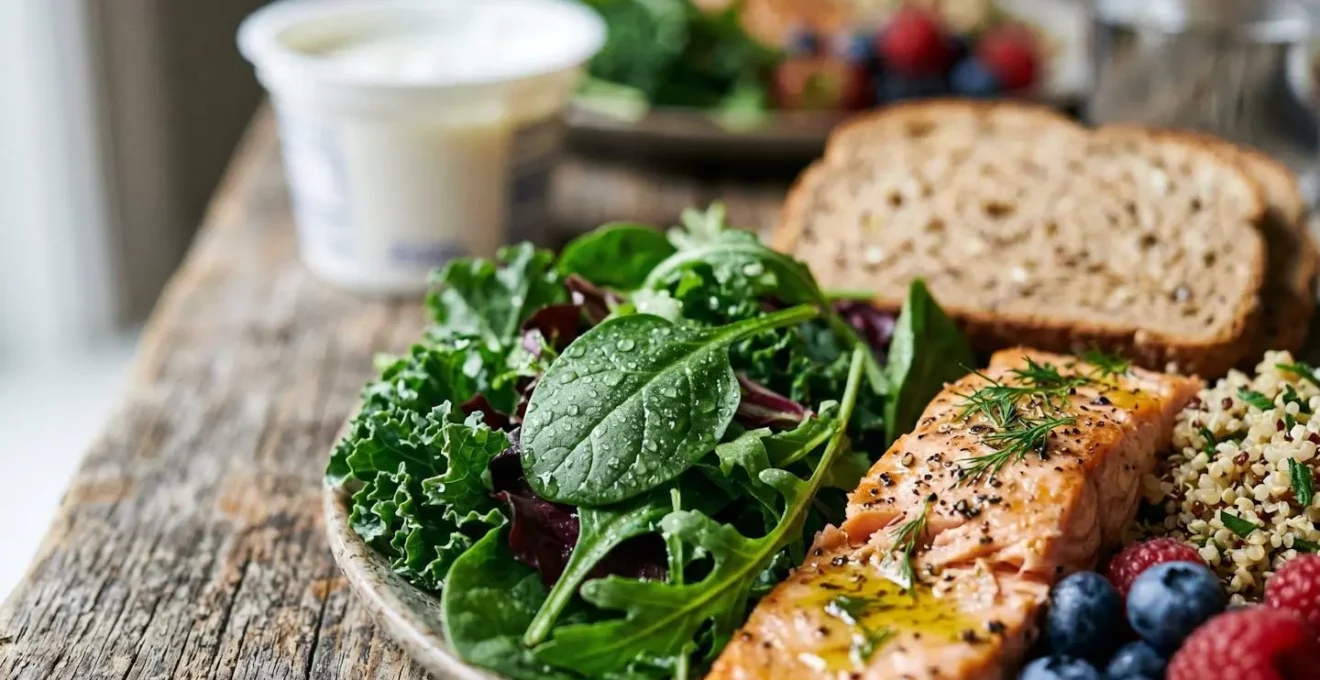 Close-up of nutritious recovery meal with fresh vegetables and protein on rustic wooden surface
