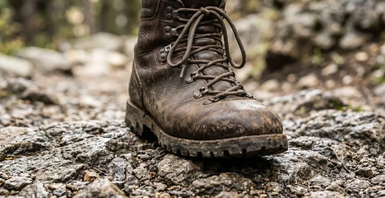 Close-up of hiking boot being tested on varied terrain during break-in process