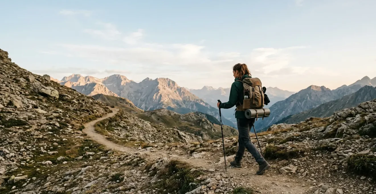 Hiker training with backpack on mountain trail preparing for adventure