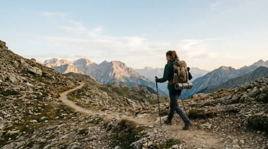 Hiker training with backpack on mountain trail preparing for adventure