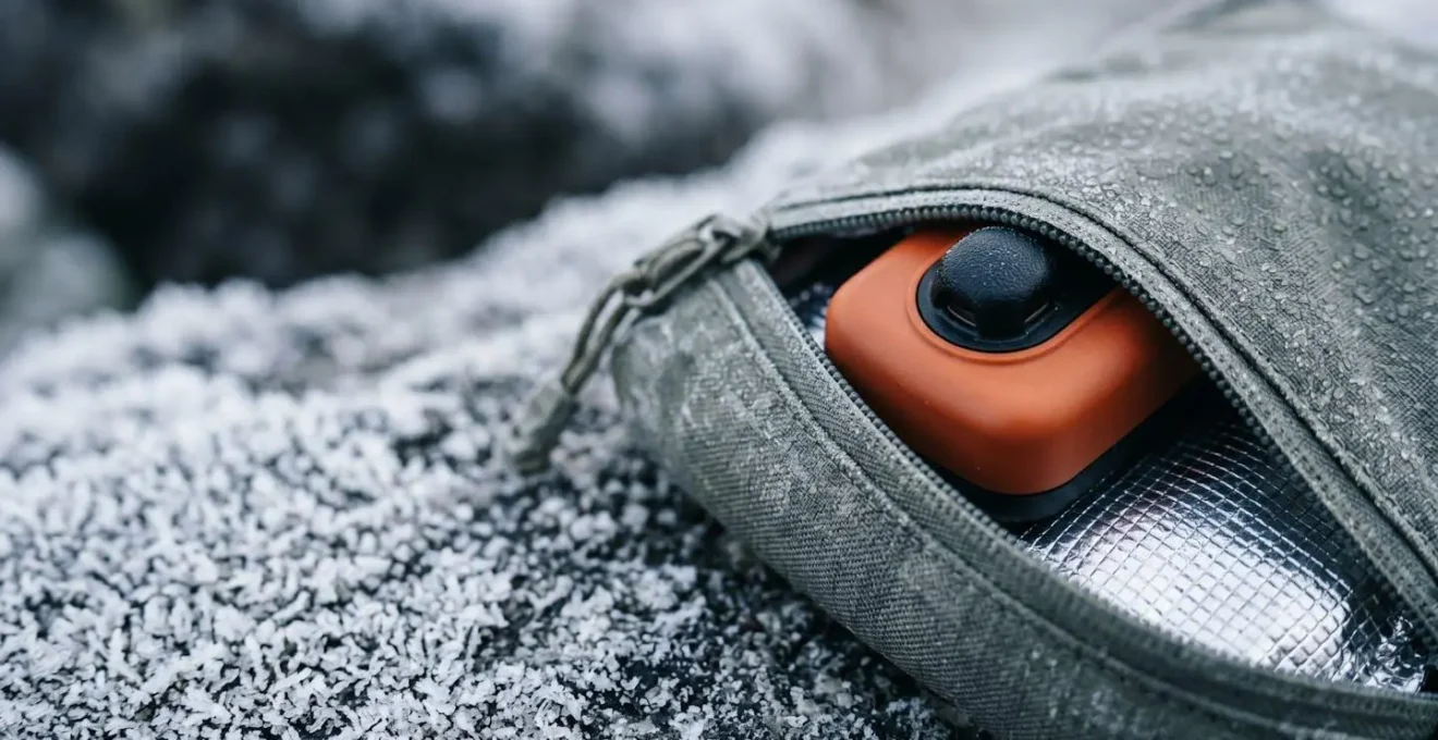 Close-up of emergency beacon in insulated protective pouch with vapor barrier system for extreme cold conditions