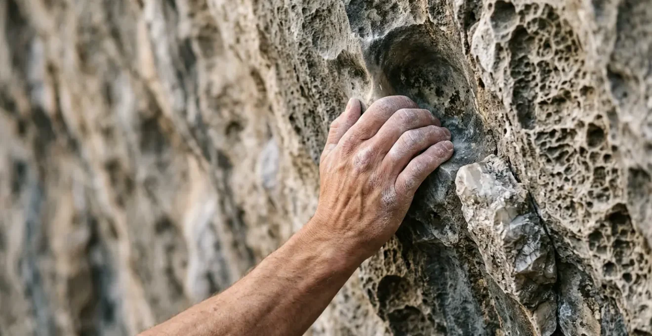 Rock climber's hands gripping textured limestone holds on an overhanging crag wall