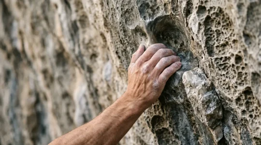 Rock climber's hands gripping textured limestone holds on an overhanging crag wall