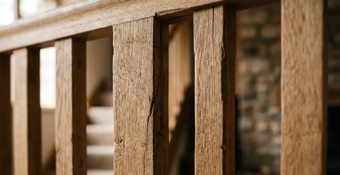 Close-up view of wooden loft railing construction detail showing structural spacing and natural wood grain texture
