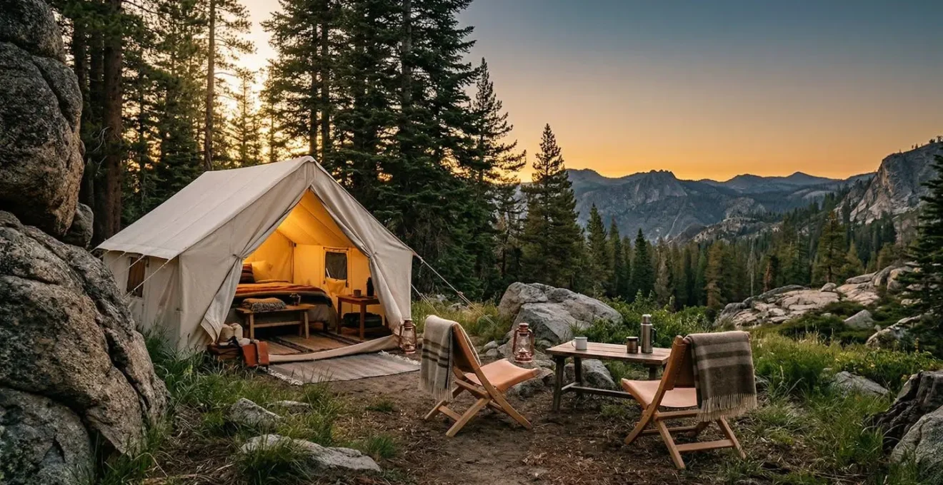 Elevated camping experience blending natural wilderness with refined comfort elements