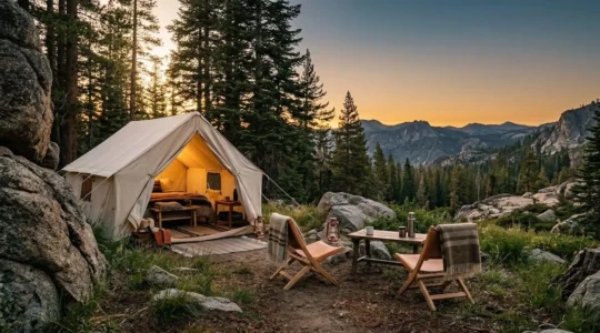 Elevated camping experience blending natural wilderness with refined comfort elements