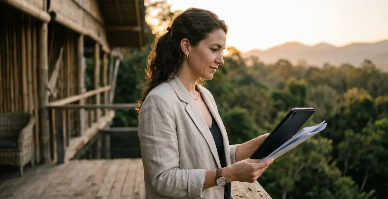 Guest examining eco-lodge sustainability credentials with natural outdoor setting